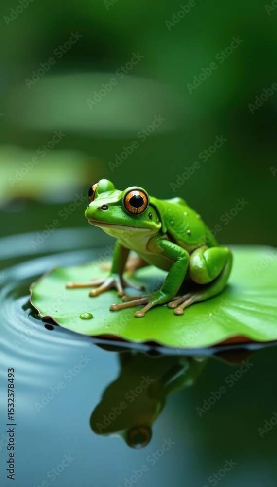 Naklejka premium Green frog leaping onto lily pad, ripples spreading , reptile, peaceful