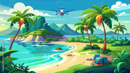 Experience the ultimate travel concept through vacation background. Aerial drone view reveals a beautiful Caribbean tropical island with lush palms and stunning turquoise water, designed in elegant ba