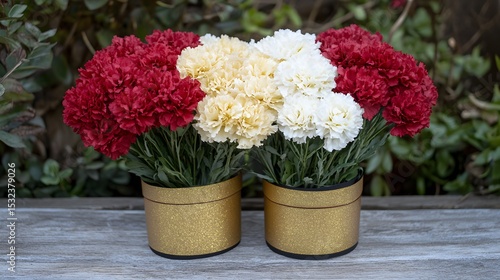 Wallpaper Mural Vibrant Red, White, and Cream Carnation Bouquet in Gold Pots Torontodigital.ca