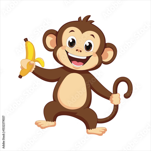 Happy Cartoon Monkey Holding Banana,Cute Monkey Vector Illustration,Funny Monkey Character for Kids,Cartoon Monkey with Banana Vector,Playful Monkey Mascot Design,Smiling Monkey Clipart for Children