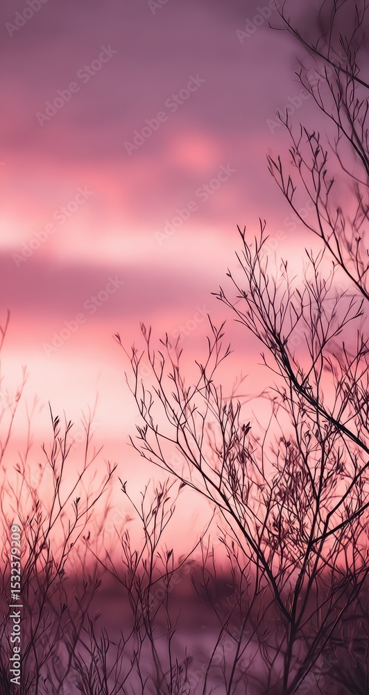 Obraz premium Silhouetted branches against a vibrant pink sunset