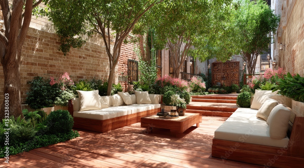 Fototapeta premium Lush Outdoor Lounge Setting for Relaxation and Tranquility