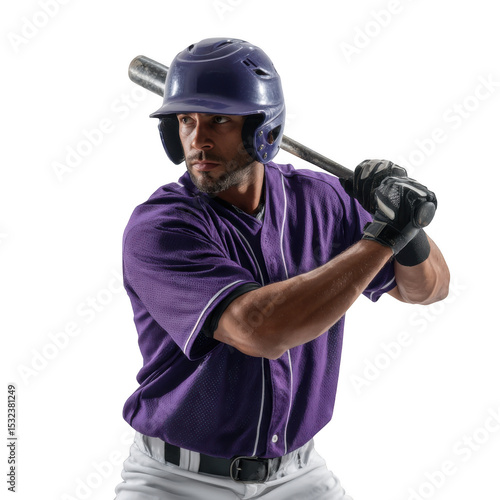 Baseball player in purple uniform holding bat looking to the side on a black background in studio shot
