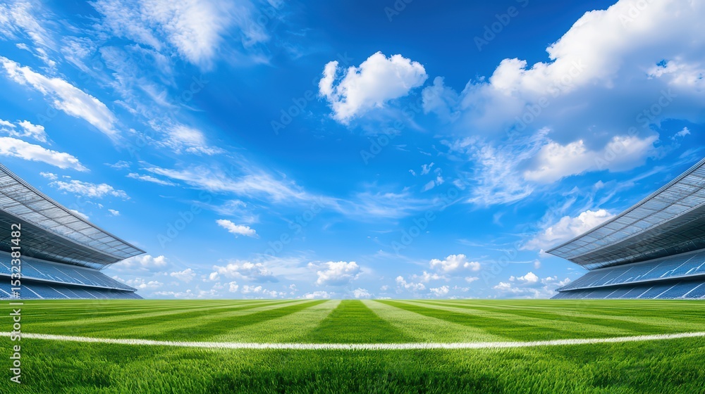 Fototapeta premium Lush Green Soccer Field Under Bright Blue Sky with Fluffy White Clouds in a Vibrant Stadium Setting