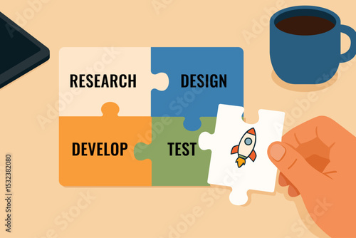 colorful puzzle pieces product development stages research design development testing launch illustration clipart