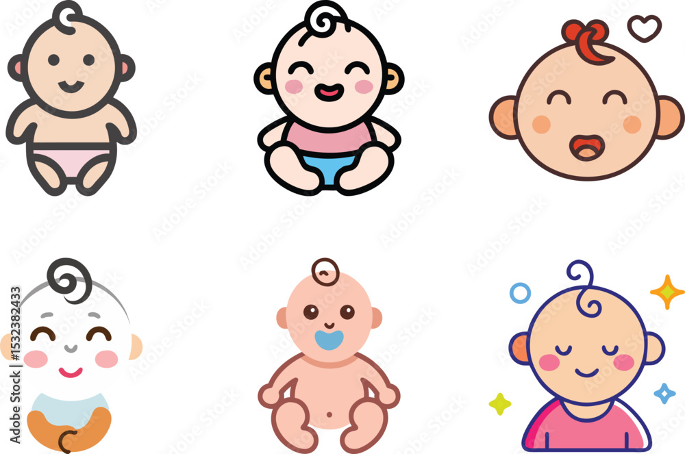 Six icon Variety of Adorable Baby Illustrations Showing Different Emotions and Accessories Six icon Variety of Adorable Baby Illustrations Showing Different Emotions and Accessories