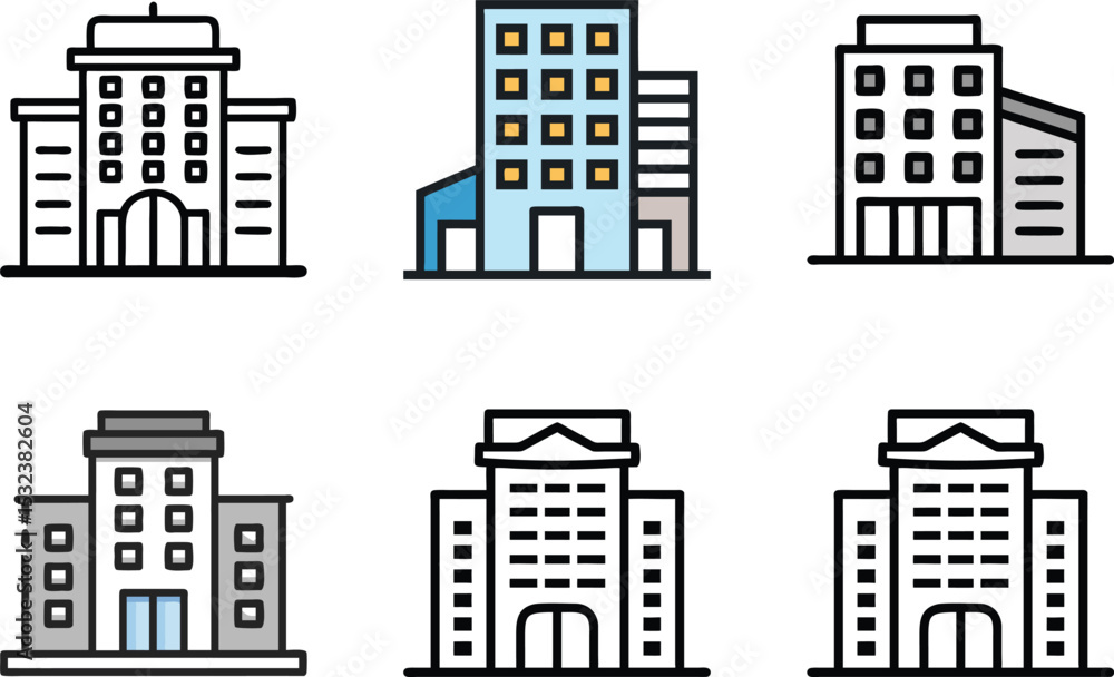 Six icon Various vector building icons representing different architectural styles and purposes Six icon Various vector building icons representing different architectural styles and purposes