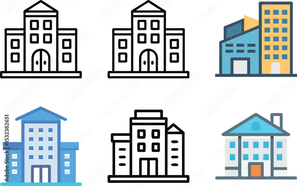 Six icon Various architectural representations depicting diverse building structures and their features Six icon Various architectural representations depicting diverse building structures and their features