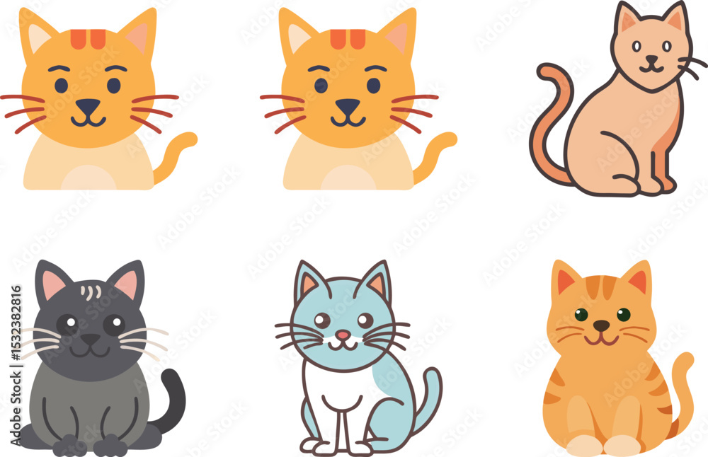 Six icon Collection of six cute cartoon cats in various colors and poses
