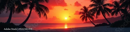Silhouette of palm trees against blazing Caribbean sunset over tranquil beach , ocean, photography