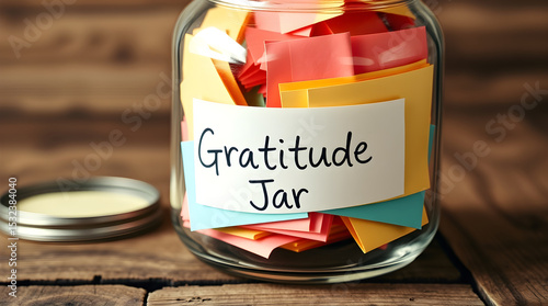Gratitude jar full of colorful notes expressing thankfulness