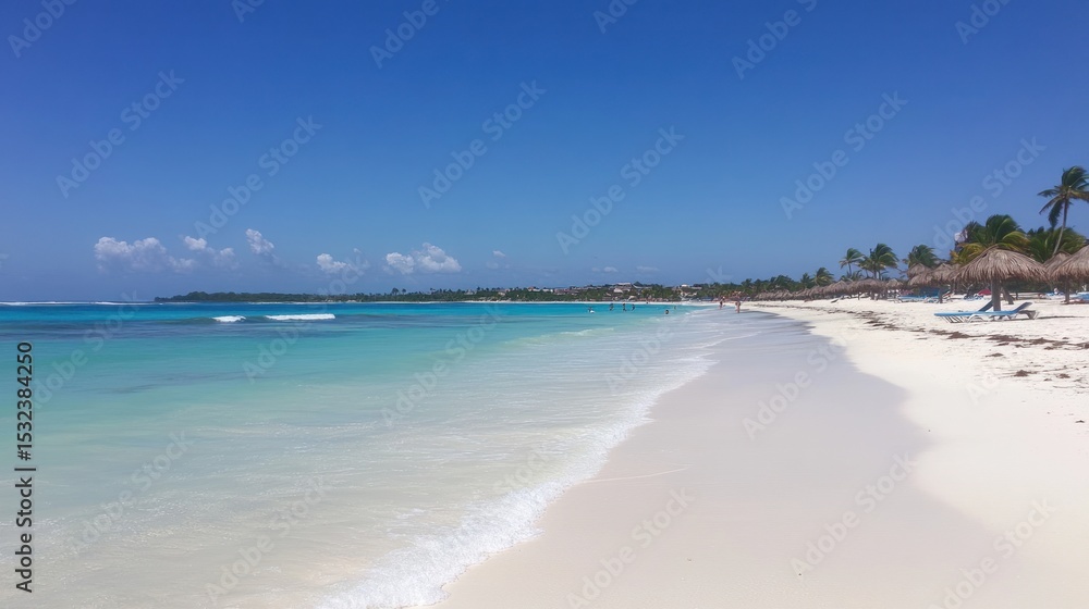 Idyllic Tropical Beach Scene: Azure Waters, White Sands, and Palm Trees Idyllic Tropical Beach Scene: Azure Waters, White Sands, and Palm Trees
