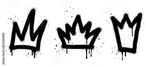 collection of Spray painted graffiti crown sign in black over white. Crown drip symbol. isolated on white background