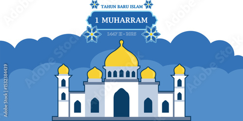 Islamic New Year 1 Muharram 1447 H vector with mosque illustration, blue sky, floral ornaments, and Indonesian text. Perfect for banners, posters, and greeting designs.