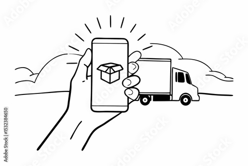 Flat Style Illustration of Online Shopping with Package Delivery and Smartphone