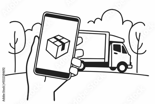 Flat Style Illustration of Online Shopping with Package Delivery and Smartphone