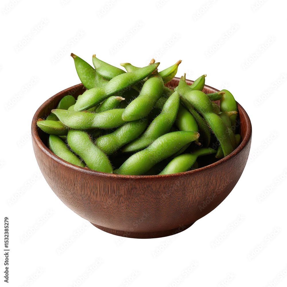 A wooden bowl filled with fresh green edamame pods against a plain black studio background image view A wooden bowl filled with fresh green edamame pods against a plain black studio background image view