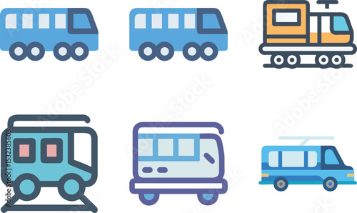 Six icon Variety of Public Transportation Icons including Buses Trains and Trolleys