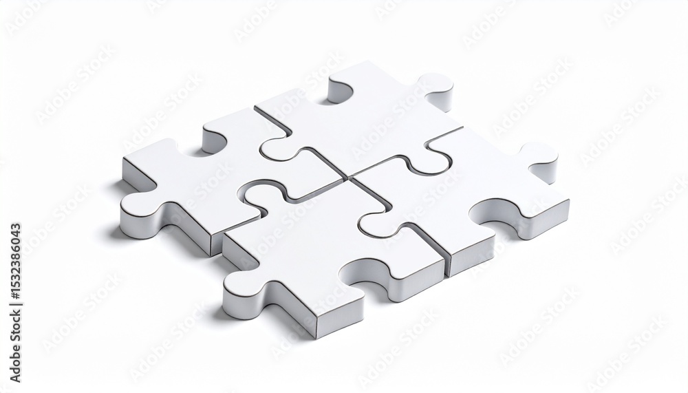 Four jigsaw puzzle pieces white and empty fit together, solved, problem solving, collaboration, unity, success, synergy, teamwork, business strategy Four jigsaw puzzle pieces white and empty fit together, solved, problem solving, collaboration, unity, success, synergy, teamwork, business strategy