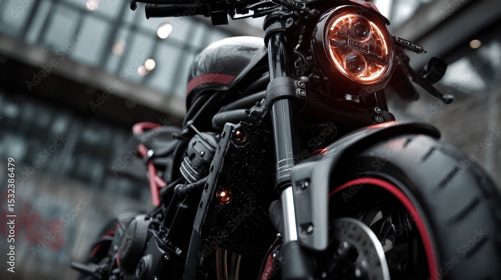 Fototapeta premium Close-up of a striking motorcycle showcasing modern design with vibrant headlight