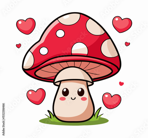 Cute Cartoon Mushroom with Hearts - Kawaii Fungi Illustration