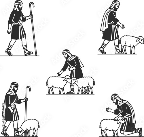  Set of unique shepherd and sheep icons in vintage style, black icons.