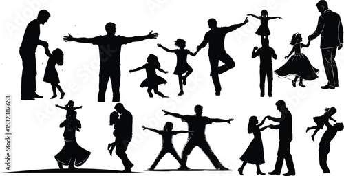 Father and Daughter Playful Moments Silhouettes,Loving Dad and Daughters Lifestyle Vector Collection ,Fathers day silhouette bundle set



