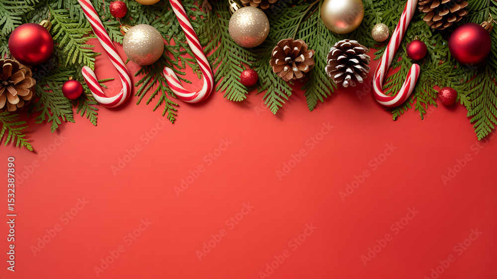Christmas border with festive candy canes, ornaments, pine cones and evergreen branches on red background Christmas border with festive candy canes, ornaments, pine cones and evergreen branches on red background