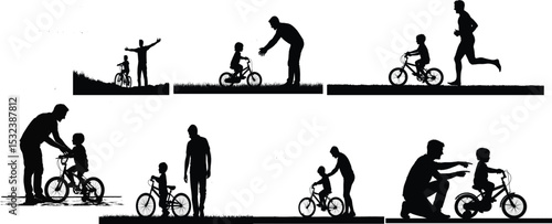 Father and Child Bicycle Learning Journey Silhouettes,Dad Teaching Kid to Ride Bike Vector Scenes,Father's Day Bike Memories,Fathers day silhouette bundle set






