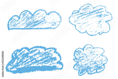 Colorful hand drawn clouds with chalk and wax crayon texture. A playful set of sketchy shape. Rough lines and bold shapes
