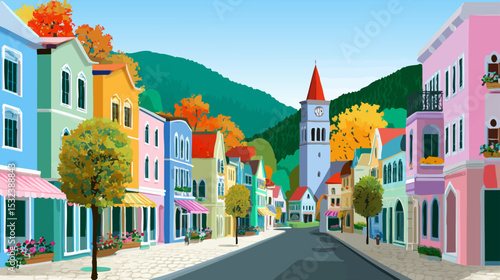 Vibrant Vector Art Townscape with Colorful Buildings