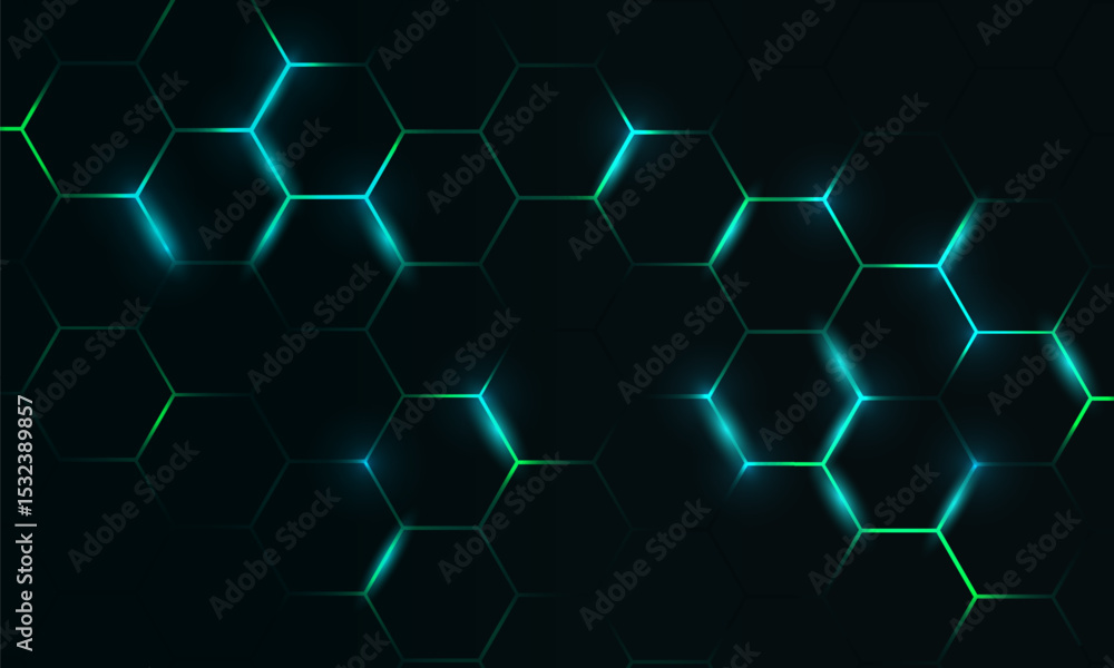 Dark hexagon abstract technology background with blue and green colored bright flashes under hexagon. Hexagonal gaming vector tech illustration black abstract background.