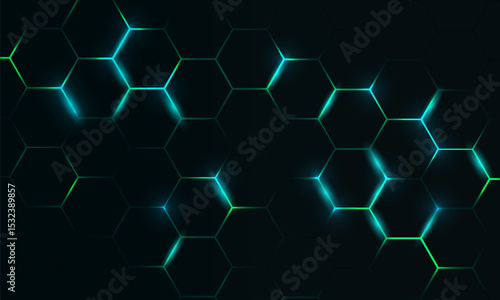 Dark hexagon abstract technology background with blue and green colored bright flashes under hexagon. Hexagonal gaming vector tech illustration black abstract background.