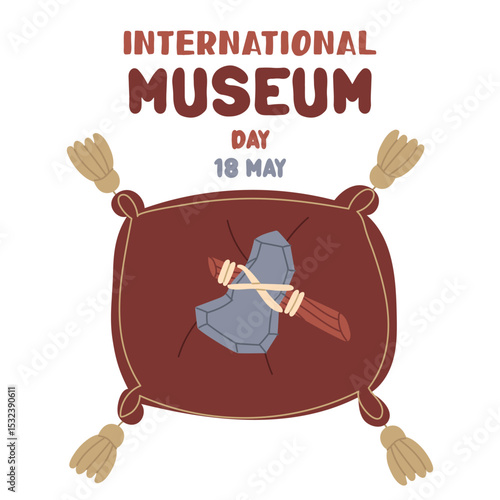 International Museum Day on May 18. prehistoric tool on a cushion with tassels. Flat color illustration for use in posters, articles, and social media related to science and history. banner