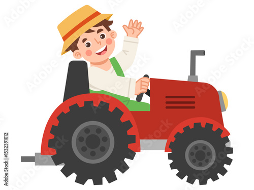 Illustration of a male farmer riding a tractor
