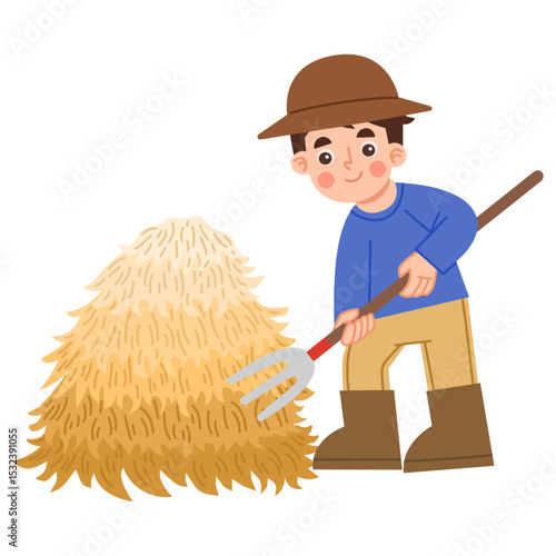 Illustration of a farmer with a pile of haystacks