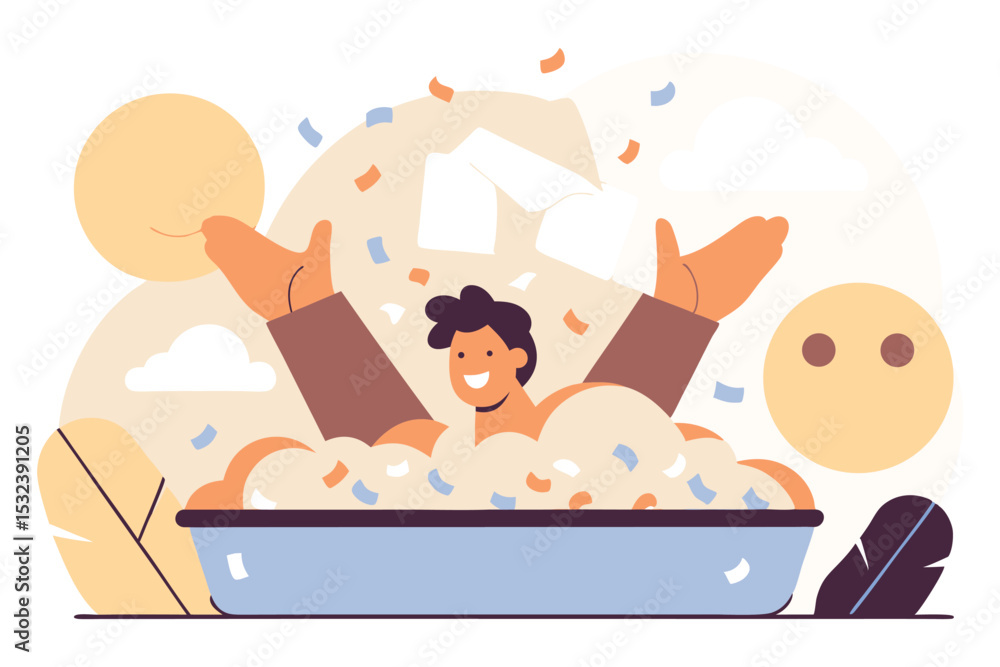 A happy mail icon jumping out of a soft tray with confetti and smiling emoji clouds A happy mail icon jumping out of a soft tray with confetti and smiling emoji clouds