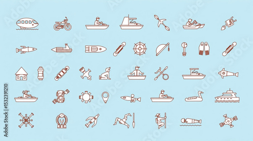Collection of various transportation and recreational icons including boats, planes, and water sports gear created with generated ai