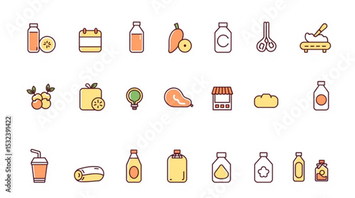Assorted icons featuring food items, containers, tools, and a calendar in a flat design style created with generated ai