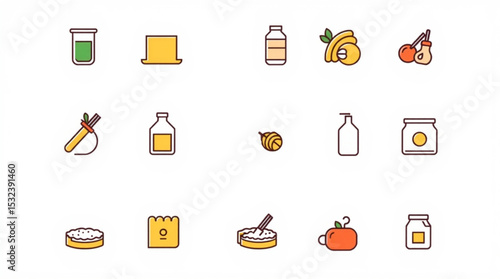 Collection of food and drink icons including jars bottles and fruit in a colorful illustration created with generated ai