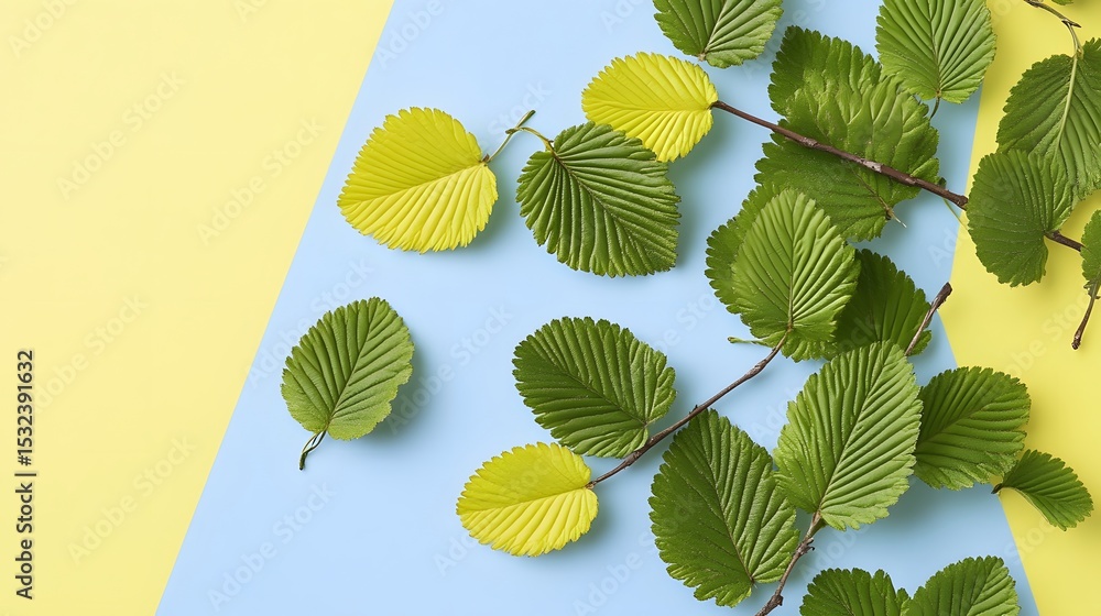 Fototapeta premium Vibrant Green and Yellow Leaves on Pastel Background