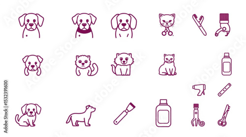 Collection of pet grooming icons featuring dogs, cats, brushes, and grooming tools in a simple outline style created with generated ai