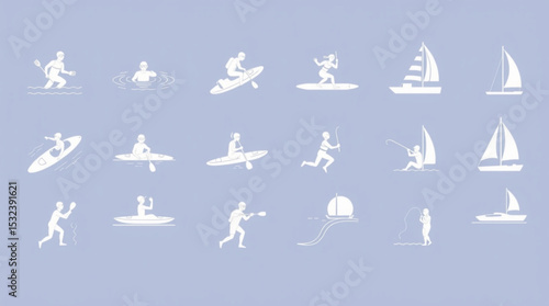 Various water sports and activities including swimming kayaking sailing and paddleboarding are shown created with generated ai