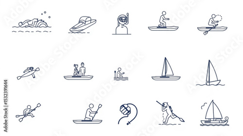 Collection of line art icons depicting various water sports activities like swimming boating and sailing created with generated ai