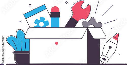 A soft-edged toolkit box with bubbly icons for logo, typography, color, tone—springing out