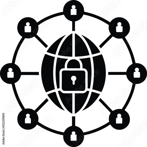 Global Network Protected by Cyber Security System vector silhouette illustration
