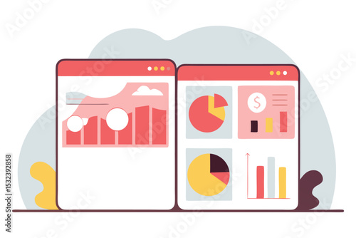 Round dashboard panels like soft UI widgets showing graphs, pie charts, and currency icons