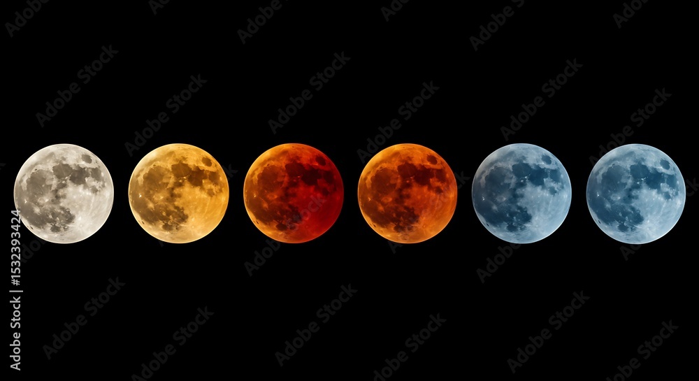 Obraz premium Lunar Phases A Composite Image of Moon Colors on Black Background