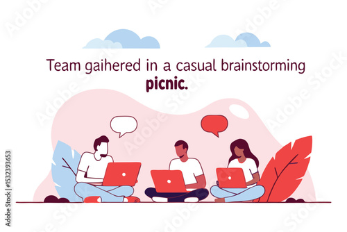 Team gathered in a grassy scene, laptops open, colorful speech bubbles floating upward