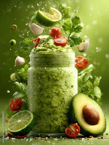 A jar of green avocado dip with lime, tomatoes, garlic, and cilantro on a green background in a studio shot